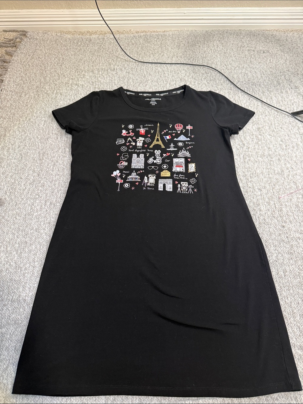Karl Lagerfeld Black Short-Sleeve Graphic A-Line Dress - Women Size M